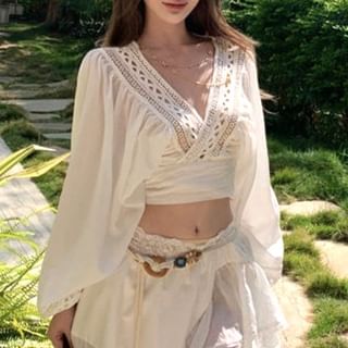 Puff-Sleeve V-Neck Crop Blouse and Low Waist Maxi A-Line Skirt Set