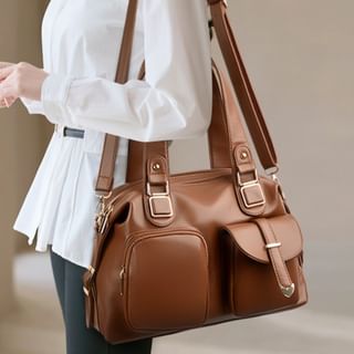 Dual Front Pocket Genuine Leather Shoulder Bag