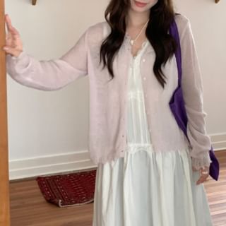 Round Neck Plain Lace Trim Button Up Cardigan