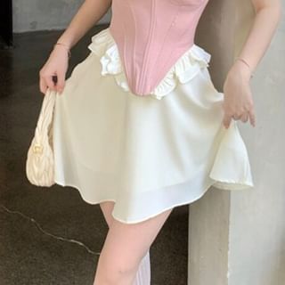 Contrast Frill Trim Crop Corset Tube Top / High Waist Plain Mini A-Line Skirt