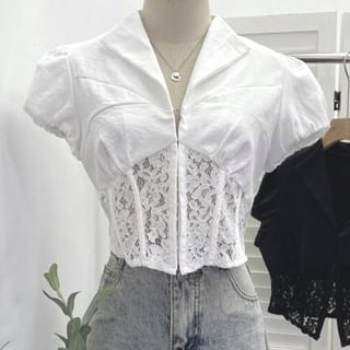Cap Sleeve Collared Plain Panel Lace Crop Blouse