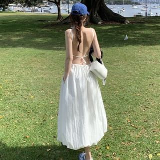 Spaghetti Strap Open Back Plain Maxi A-Line Dress