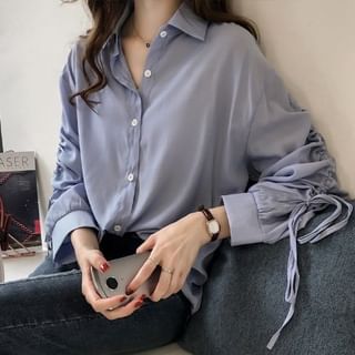 Drawstring Collared Long-Sleeve Shirt
