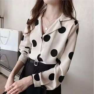 Polka Dot Collared Long-Sleeve Blouse