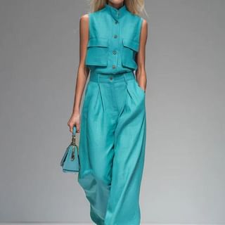 Sleeveless Stand Collar Button Top with Pleated Wide Leg Pants Set