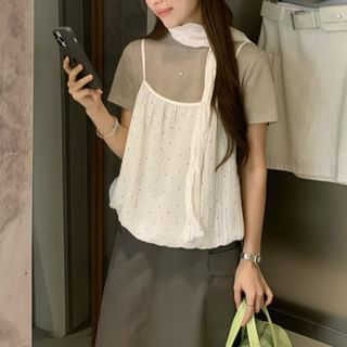 Crew Neck T-Shirt, Camisole & Scarf Set