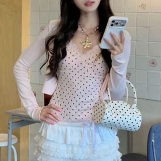 Spaghetti Strap V-Neck Dotted Camisole Top / Plain Crop Cardigan / Mid Rise Mini A-Line Skirt / Set