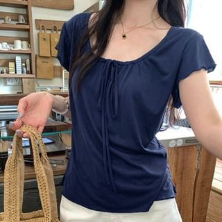 Short Sleeve Tie Neck Plain Top