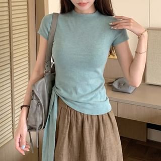 Short Sleeve High Neck Asymmetrical Knit Top