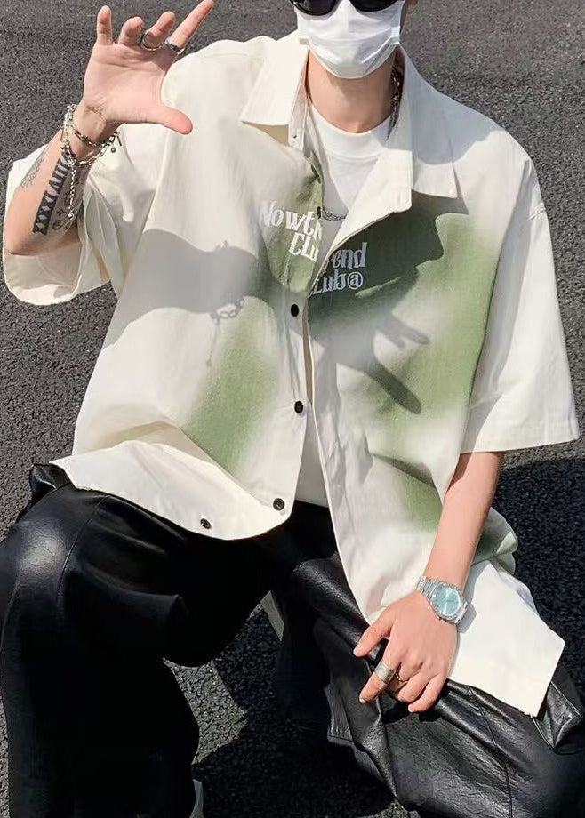 Loose Gradient Color Beige Letter Cotton Men Shirts Spring