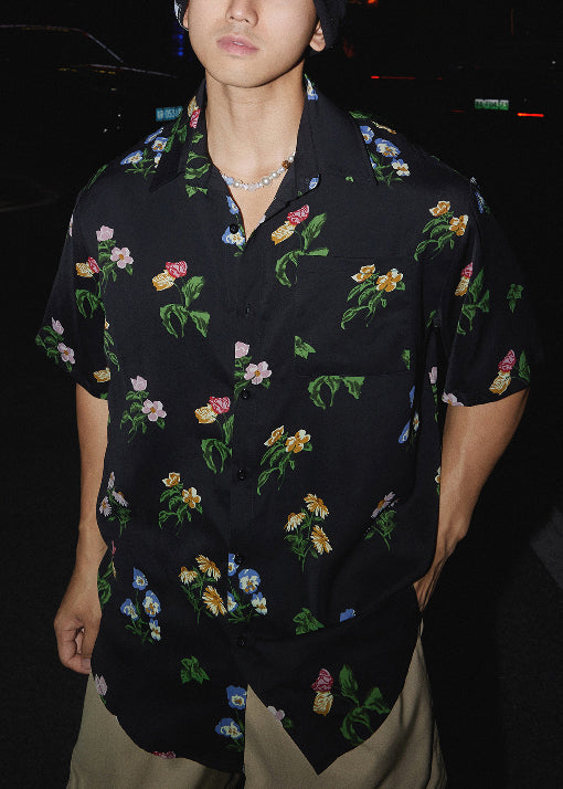 Print Pan Men Summer Black Shirt Peter Cotton Collar Loose