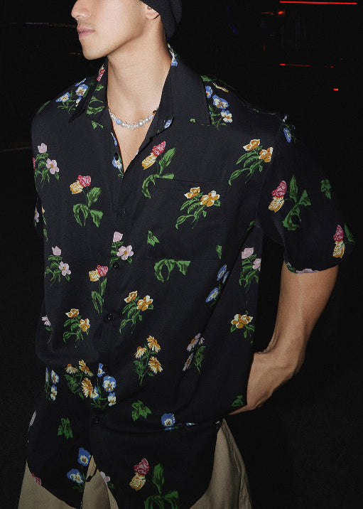 Print Pan Men Summer Black Shirt Peter Cotton Collar Loose