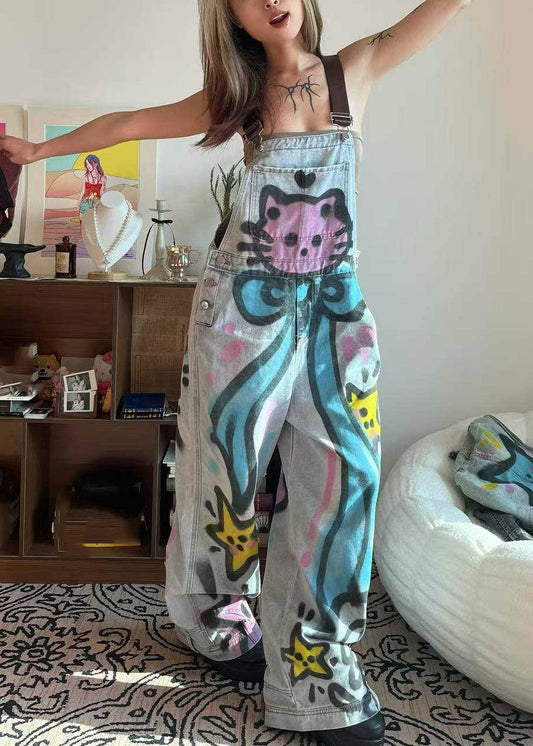 Pockets Blue Patchwork Dye Jumpsuit Denim Loose Cats Little Summer Tie