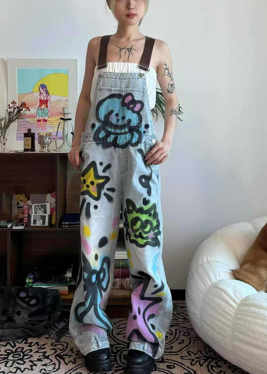 Pockets Blue Patchwork Dye Jumpsuit Denim Loose Cats Little Summer Tie