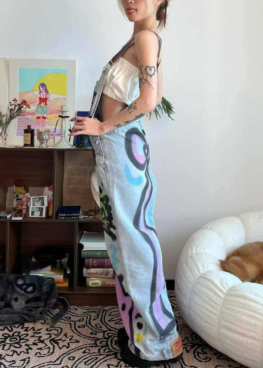 Pockets Blue Patchwork Dye Jumpsuit Denim Loose Cats Little Summer Tie