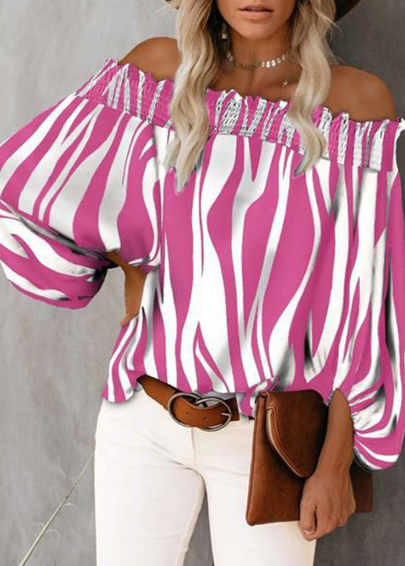 Striped Shirt Slash Loose Cotton Blue Sleeve Tops Lantern Neck