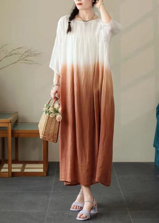 Color Half Pockets Cotton Brown Loose Sleeve Dress Gradient
