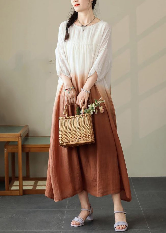 Color Half Pockets Cotton Brown Loose Sleeve Dress Gradient
