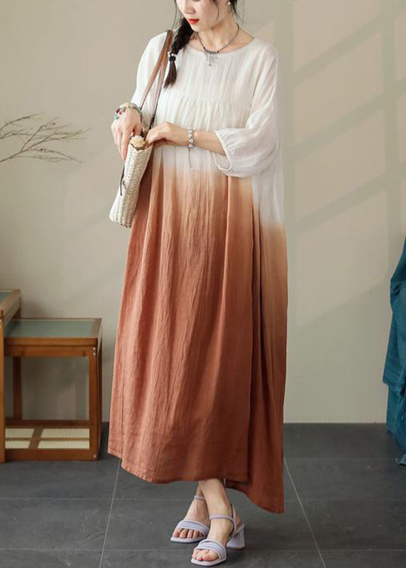Color Half Pockets Cotton Brown Loose Sleeve Dress Gradient