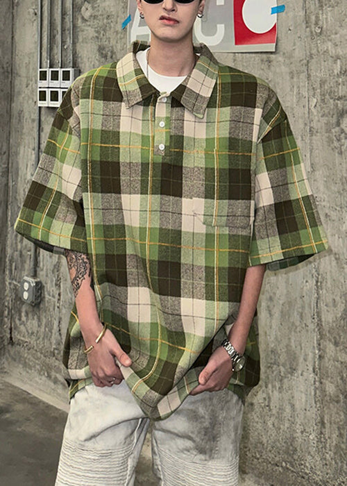 Plaid Cotton Pullover Sleeve Button Half Shirts Loose Men Coffee