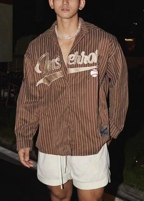 Loose Shirts Men Spring Letter Coffee Striped Cotton