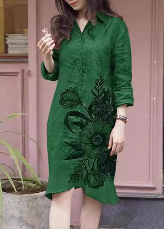 Button Peter Loose Fall Pan Shirts Dress Print Long Green Collar
