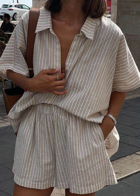 Pieces Striped Sleeve Peter Two Collar Pan Short Loose And Set Shirts Khaki Shorts