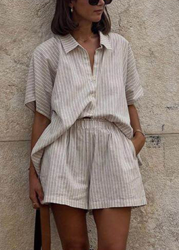 Pieces Striped Sleeve Peter Two Collar Pan Short Loose And Set Shirts Khaki Shorts