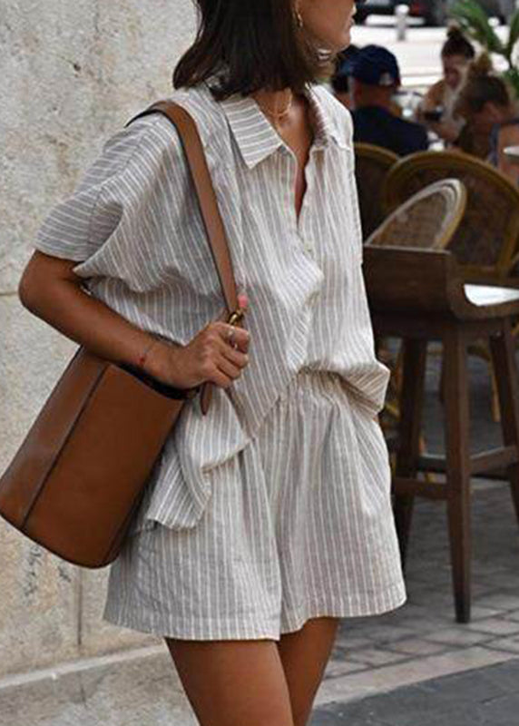 Pieces Striped Sleeve Peter Two Collar Pan Short Loose And Set Shirts Khaki Shorts