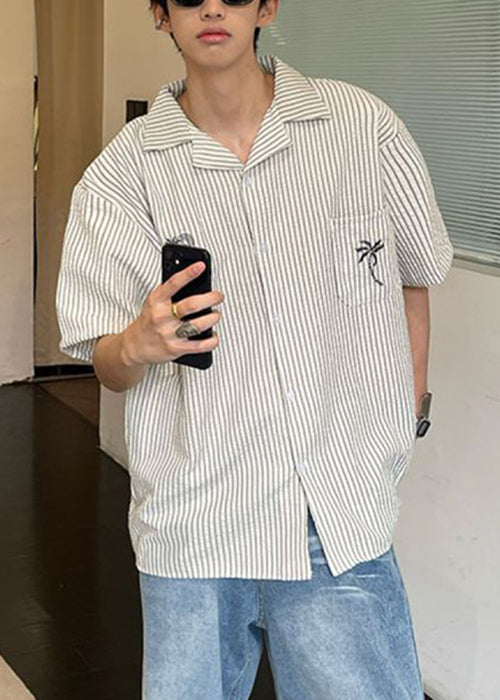 Striped Summer Collar Mens Loose Cotton Pan Pockets Shirts Peter