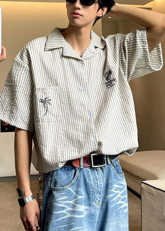 Striped Summer Collar Mens Loose Cotton Pan Pockets Shirts Peter