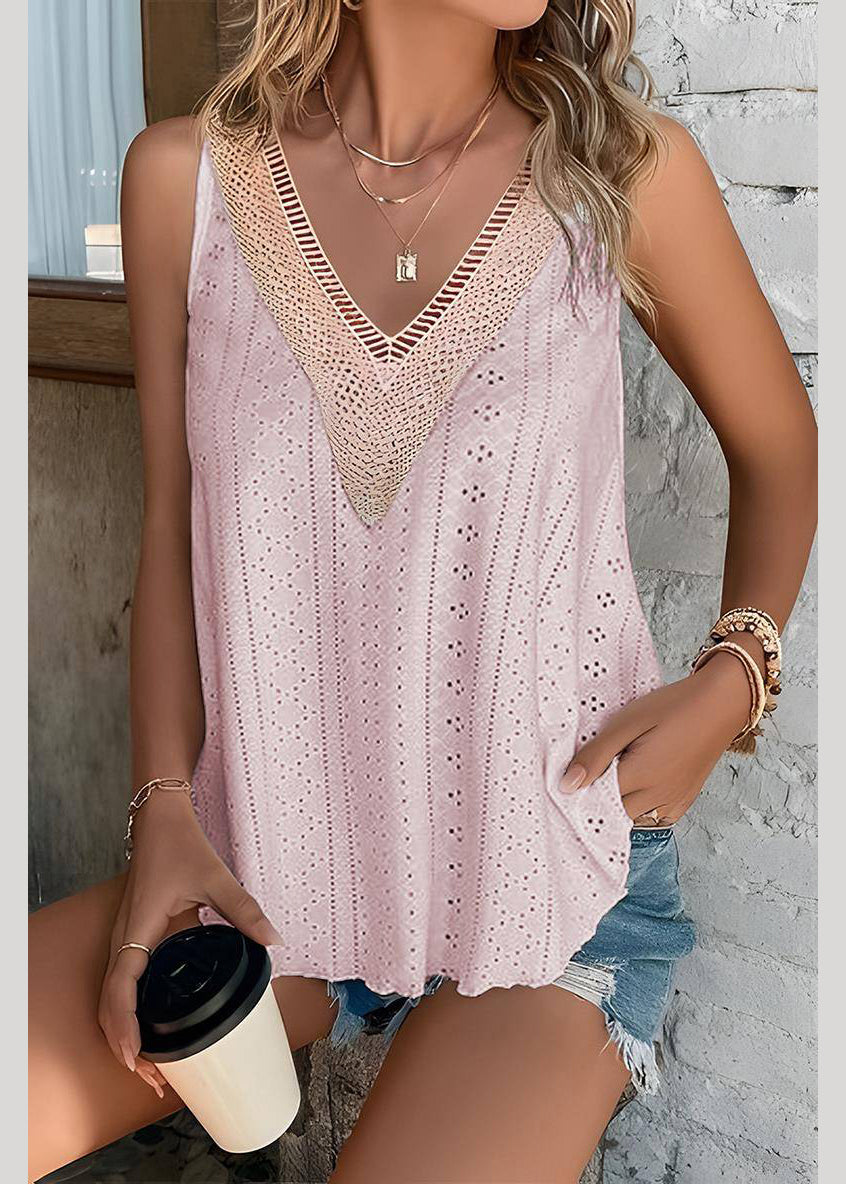 Loose Hollow Out Tank Pink Sleeveless Thin