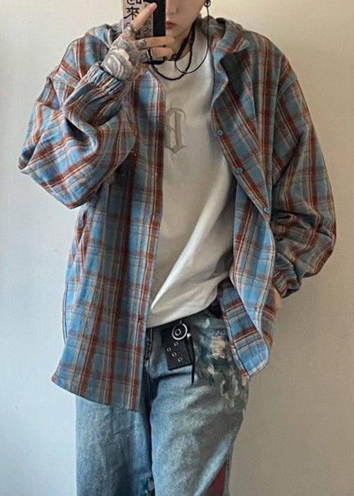 Men Plaid Hooded Cotton Spring Loose Yellow Shirts