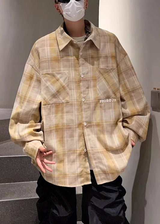 Shirt Cotton Pockets Loose Spring Men Plaid Collar Pan Peter Yellow