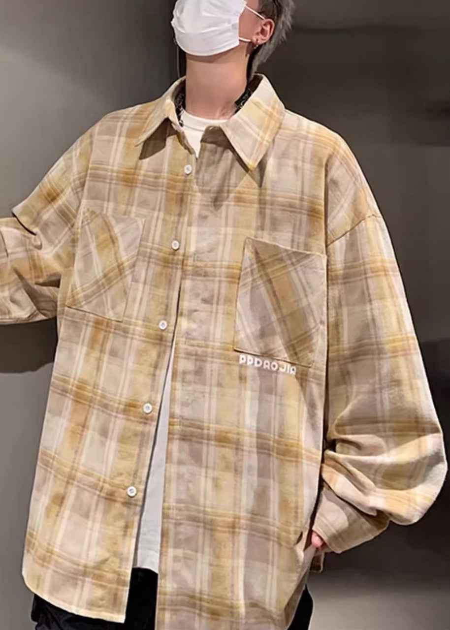 Shirt Cotton Pockets Loose Spring Men Plaid Collar Pan Peter Yellow