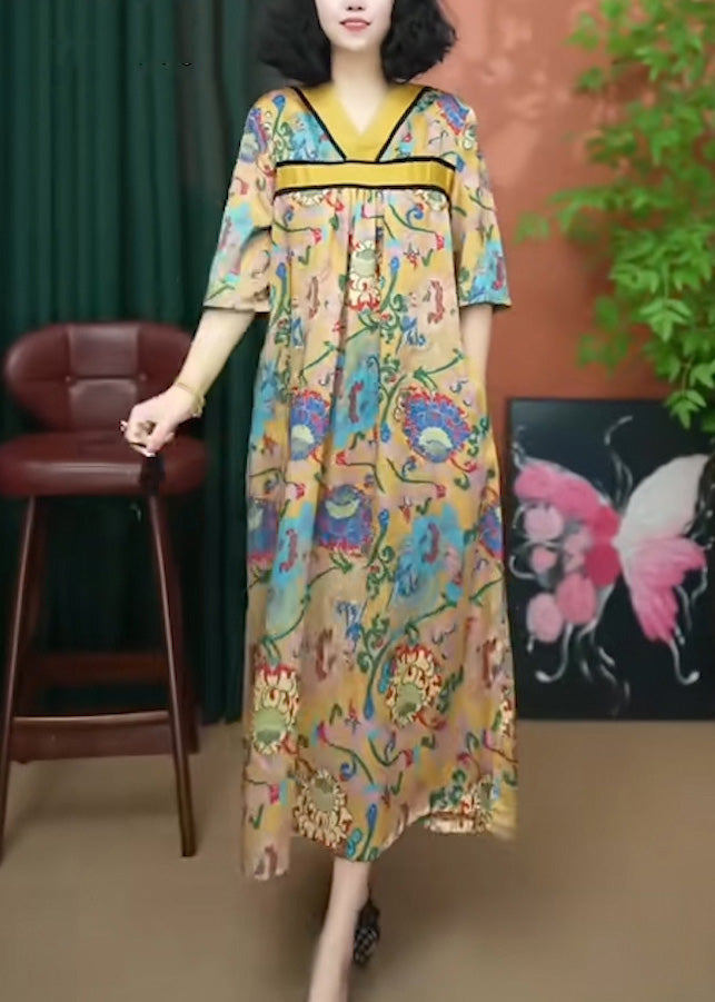 Print Dresses Long Yellow Loose Cotton Summer Neck V