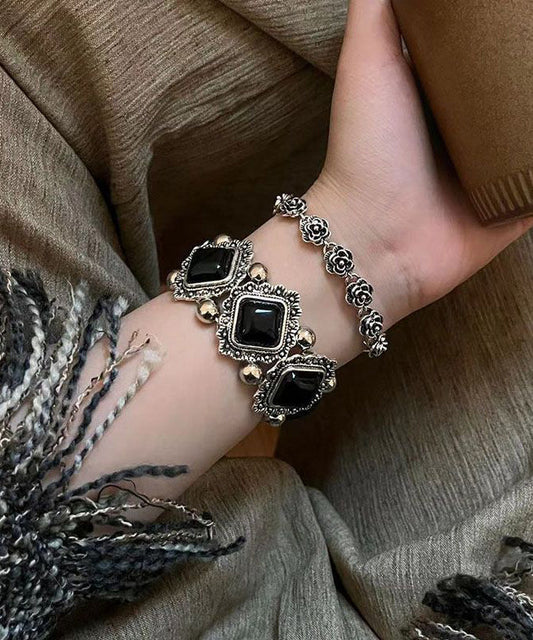Silver Set Black Two-Piece Bracelet Sterling Floral Chain Stone Modern Gem
