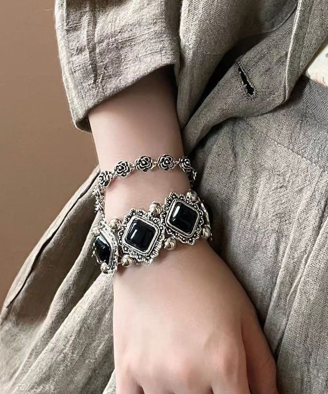 Silver Set Black Two-Piece Bracelet Sterling Floral Chain Stone Modern Gem