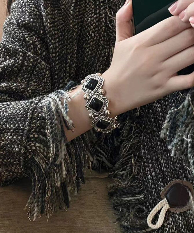 Silver Set Black Two-Piece Bracelet Sterling Floral Chain Stone Modern Gem