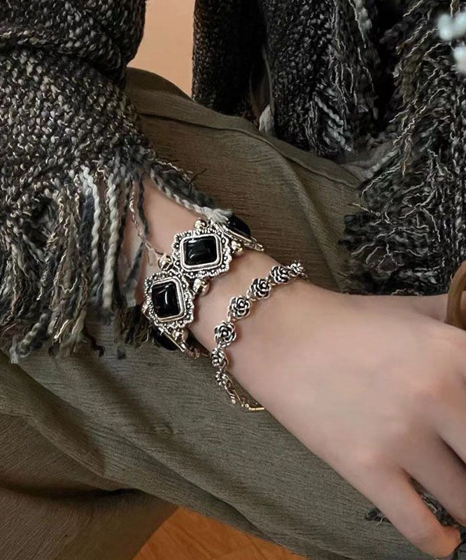 Silver Set Black Two-Piece Bracelet Sterling Floral Chain Stone Modern Gem