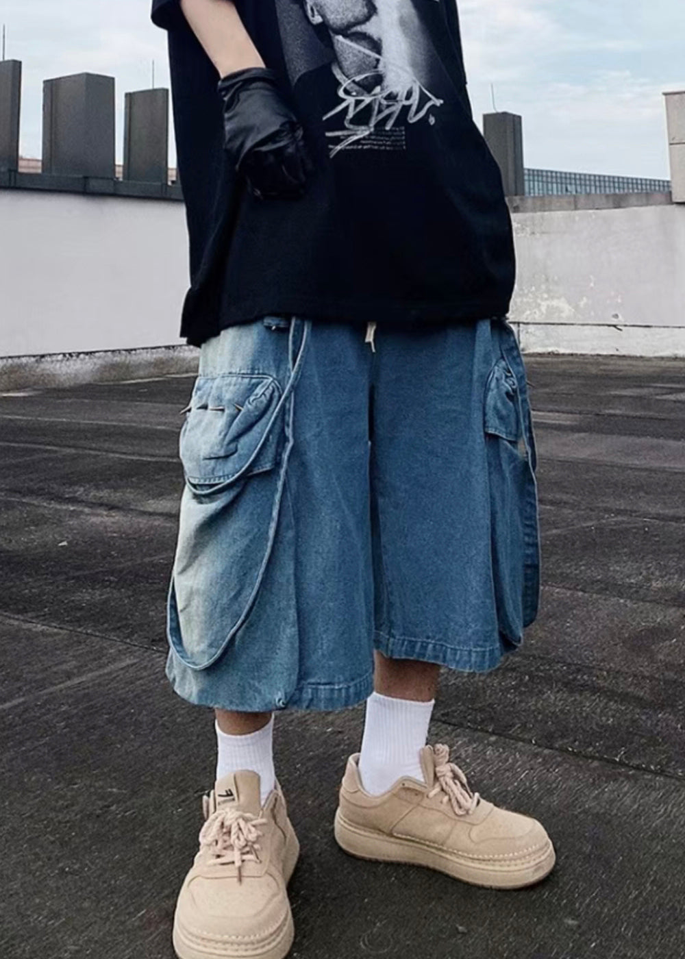 Shorts Denim Mens Summer Blue Pockets Modern Oversized