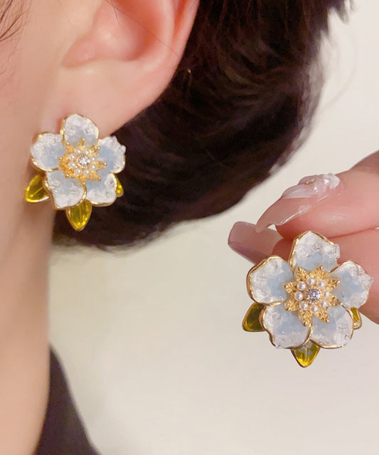 Stud Earrings Pearl Sterling Zircon Camellia Silver Overgild Modern Blue