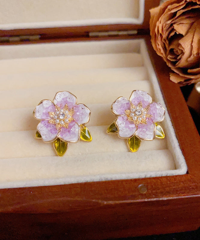 Stud Earrings Pearl Sterling Zircon Camellia Silver Overgild Modern Blue