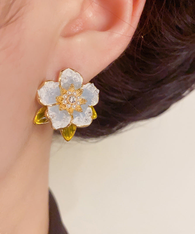 Stud Earrings Pearl Sterling Zircon Camellia Silver Overgild Modern Blue