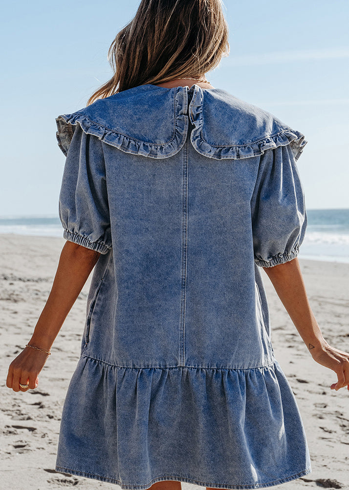 Sailor Denim Summer Patchwork Natural Collar Dresses Blue Mid