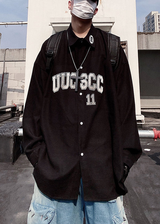 Letter Blue Oversized Cotton Button Shirts Mens Spring New