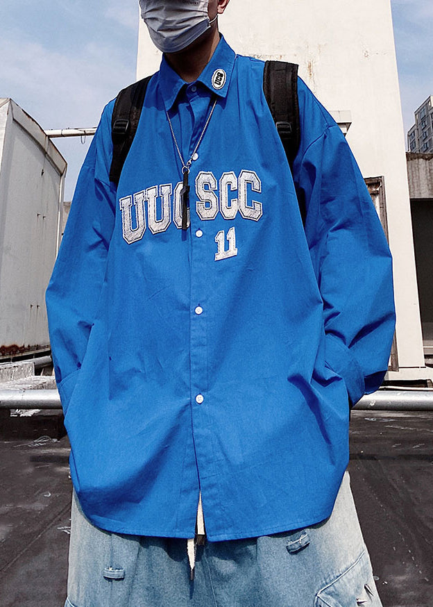 Letter Blue Oversized Cotton Button Shirts Mens Spring New