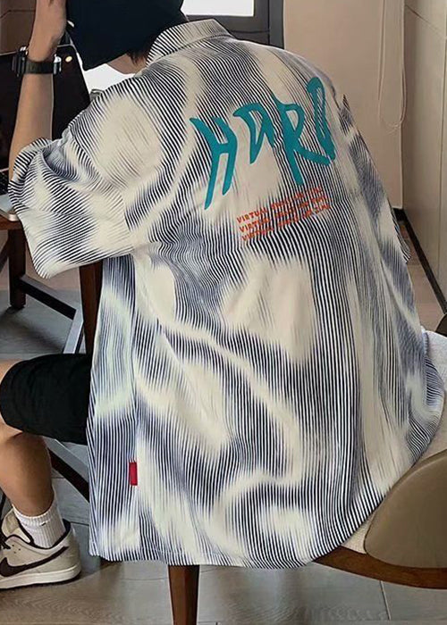 Half New Button Sleeve Striped Cotton Blue Shirts Mens