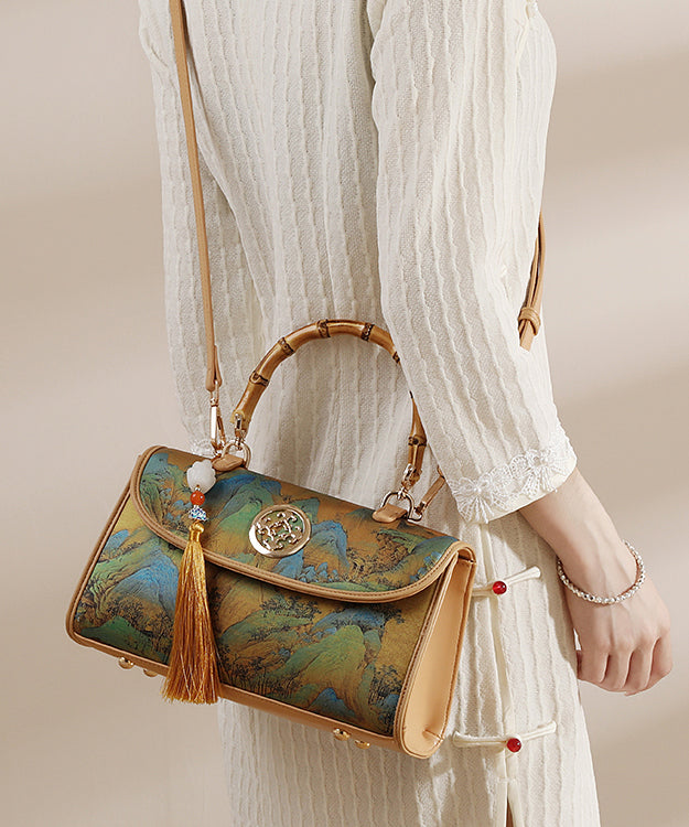 Style Chinese New Print Tote Leather Bag Tassel Calf