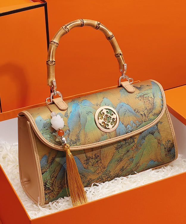Style Chinese New Print Tote Leather Bag Tassel Calf